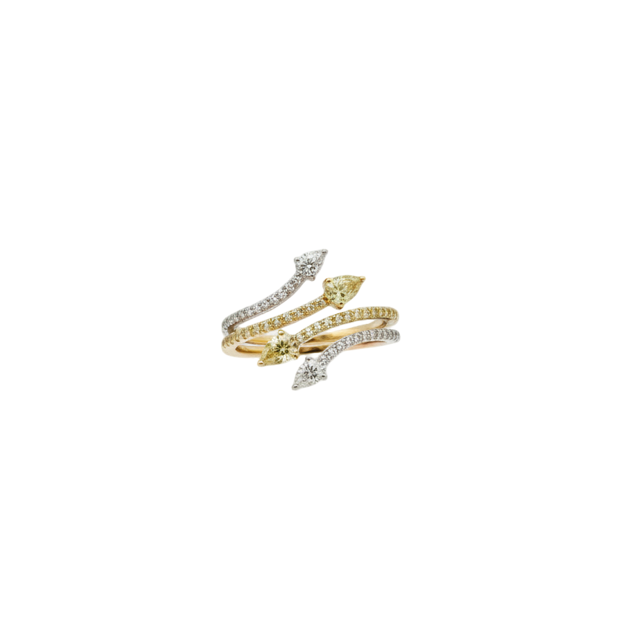 Four Pear Ring Diamond Pave Fancy Yellow