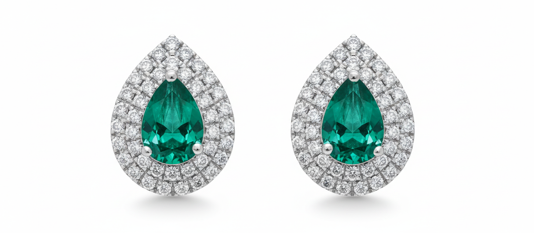 Emerald Pair Studs with Double Diamond Halo