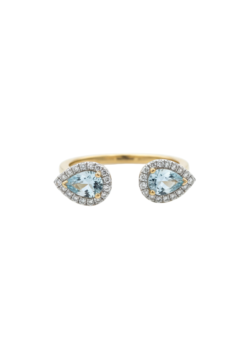 Aquamarine Double Pear Pave Diamond Ring