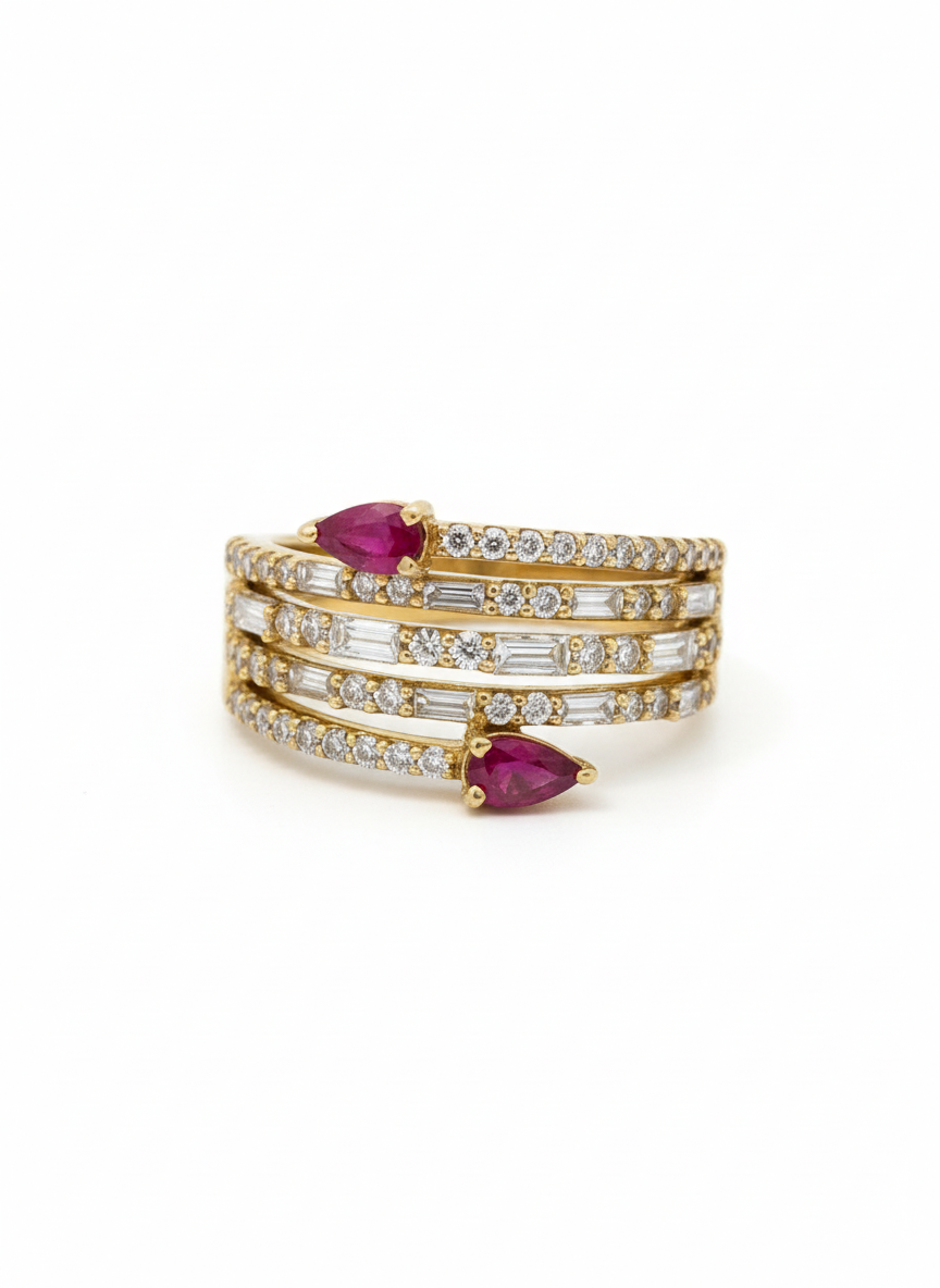 Double Ruby Pair Diamond Layer Ring