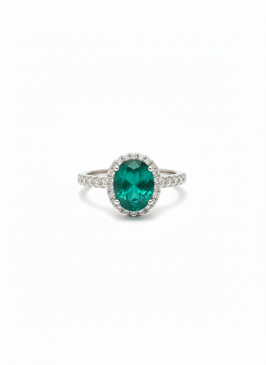 Emerald Oval Halo Diamond Solitaire Ring