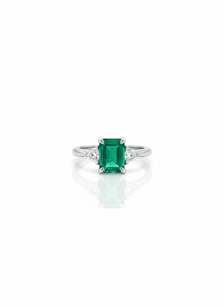 Emerald Solitaire 3 Stone Ring