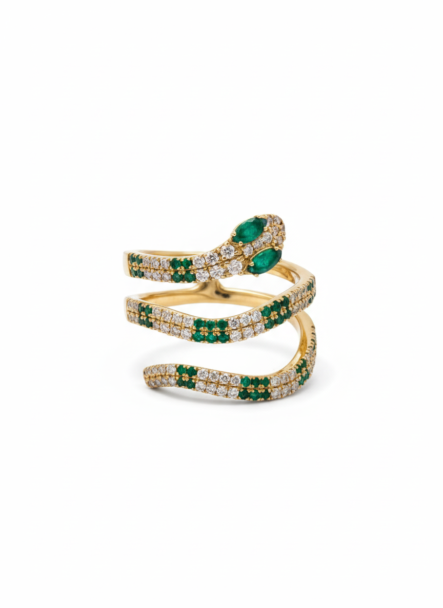 Snake Diamond and Emerald Pave Ring