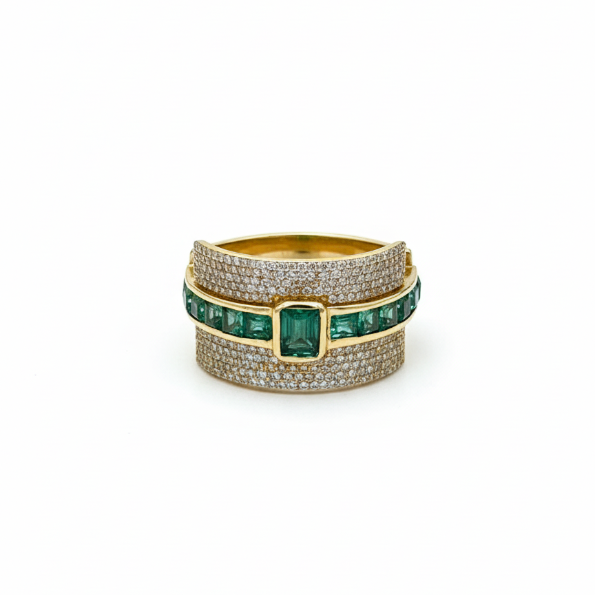 Emerald Pave Block Diamond Ring