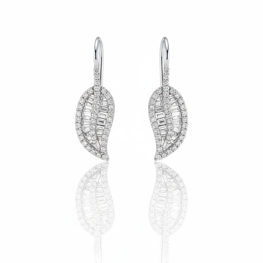 Baguette Leaf Diamond Drop Hoop Earrings
