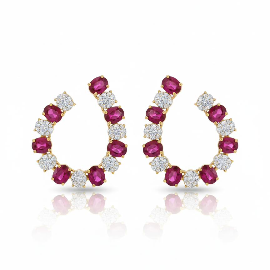 Side Ruby Oval and Diamond Pave Earrings